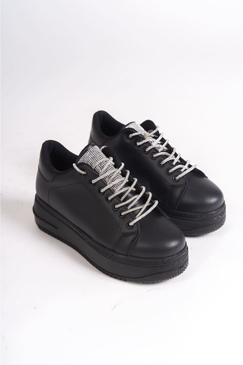 DELLA Bağcıklı Ortopedik Taban Taşlı Kadın Sneaker Ayakkabı ST Siyah