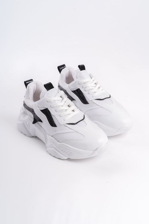 TOKYO Bağcıklı Ortopedik Taban Triko Detaylı Kadın Spor Ayakkabı BT Beyaz/Siyah