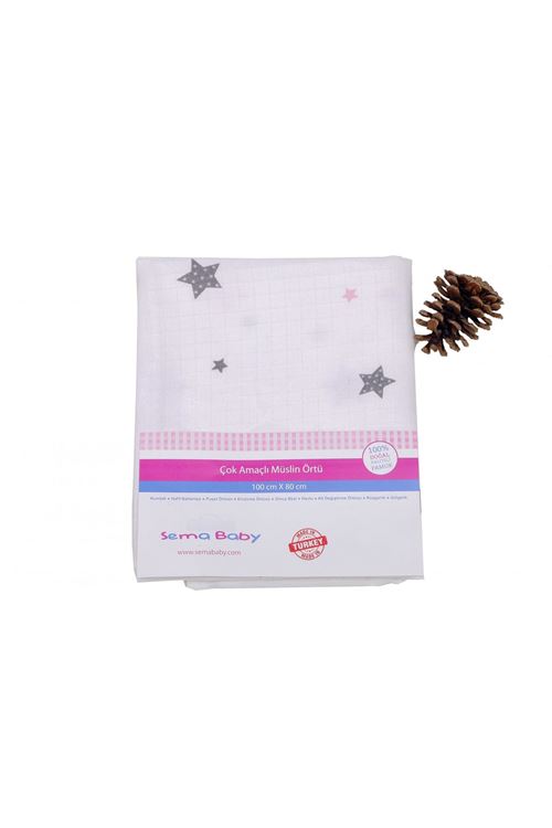 Sema Baby Çok Amaçlı Müslin Örtü 100x80 cm - Pembe Yıldız 8682476853124
