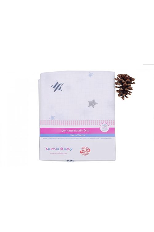 Sema Baby Çok Amaçlı Müslin Örtü 100x80 cm - Mavi Yıldız 8682476853131