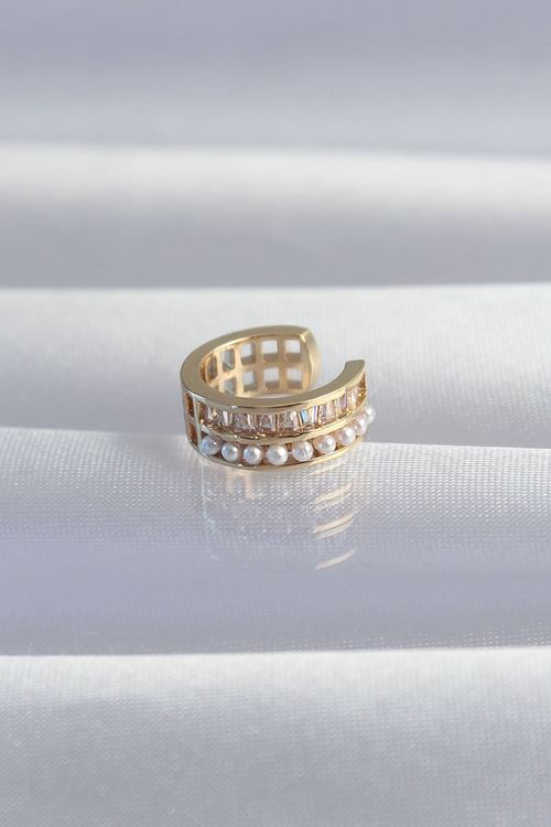 Pirinç Gold Renk İncili Baget Taşlı Earcuff Küpe