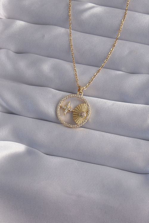 316L Çelik Zincir Gold Renk Zirkon Taşlı Yıldız Figürlü Oval Kolye