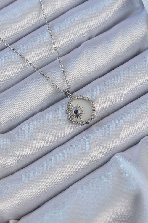 316L Çelik Gümüş Renk Zirkon Taşlı Mineli Kutup Yıldızı Kolye