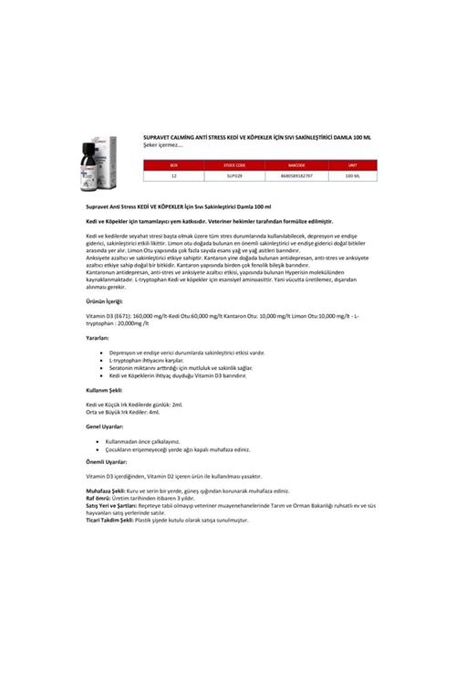 Supravet Calming Anti Stress Kedi ve Köpekler için Sıvı Sakinleştirici Damla 100 Ml