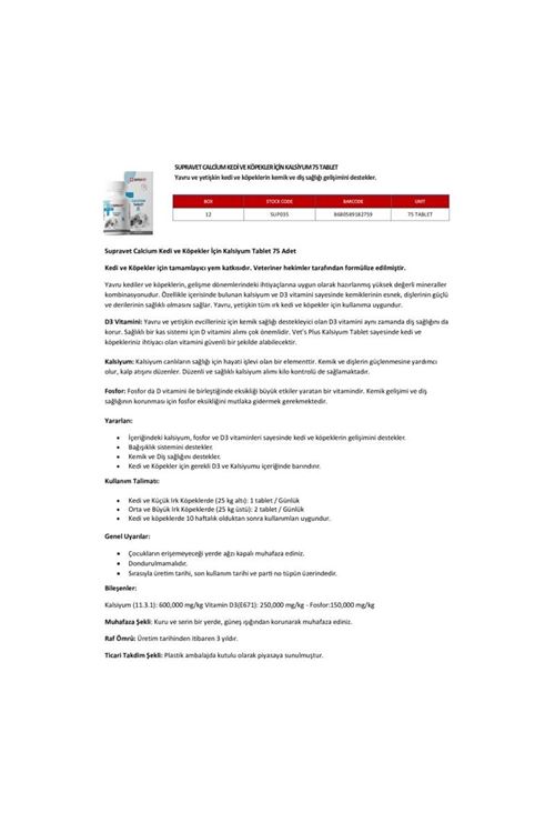 Supravet Calcium Kedi ve Köpekler İçin Kalsiyum Vitamin Tablet 75 Adet