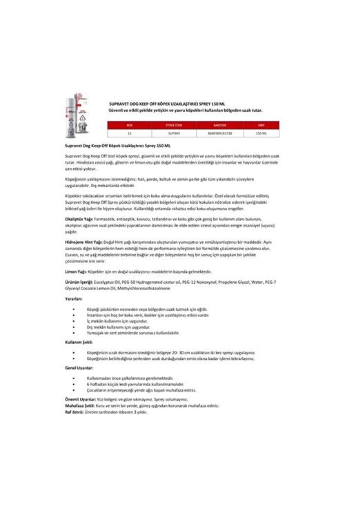 Supravet Keep Off Köpek Uzaklaştırıcı Sprey 150 Ml