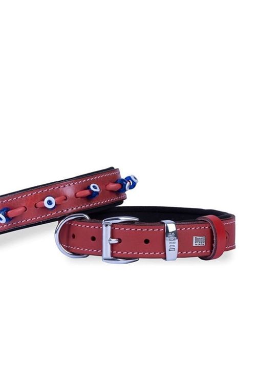 Doggie Comfort Deri Nazar Boncuklu Köpek Boyun Tasması Medium Kırmızı 3x42-50 Cm