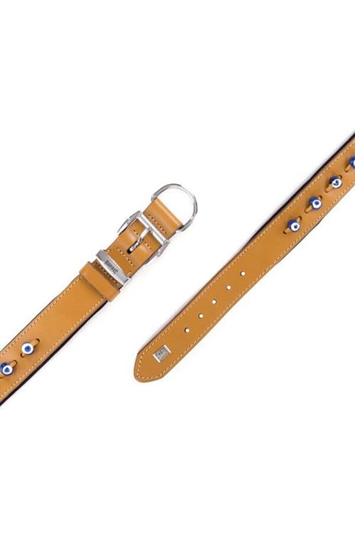 Doggie Comfort Deri Nazar Boncuklu Köpek Boyun Tasması Medium Camel 4x52-60 Cm