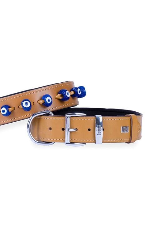 Doggie Comfort Deri Nazar Boncuklu Köpek Boyun Tasması Medium Camel 4x52-60 Cm