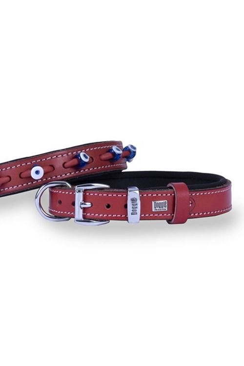 Doggie Comfort Deri Nazar Boncuklu Köpek Boyun Tasması Medium Kırmızı 2x35-40 Cm