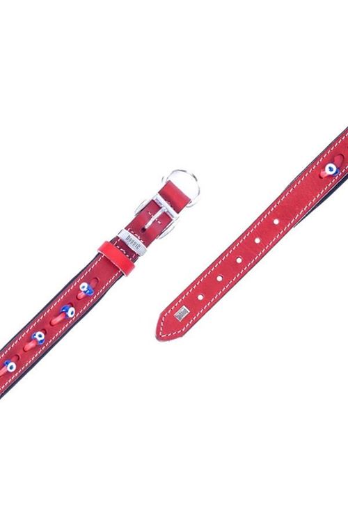 Doggie Comfort Deri Nazar Boncuklu Köpek Boyun Tasması Medium Kırmızı 2x35-40 Cm
