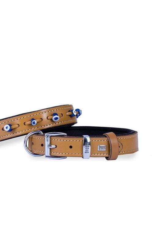 Doggie Comfort Deri Nazar Boncuklu Köpek Boyun Tasması Medium Camel 3x42-50 Cm