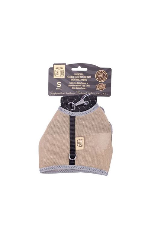 Cattie Havalı Dokuma Kedi Göğüs ve Gezdirme Takımı Small Bej 1x20-30 Cm