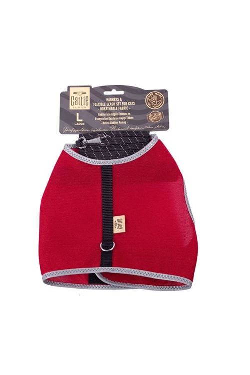 Cattie Havalı Dokuma Kedi Göğüs ve Gezdirme Takımı Large Kırmızı 1.5x30-40 Cm