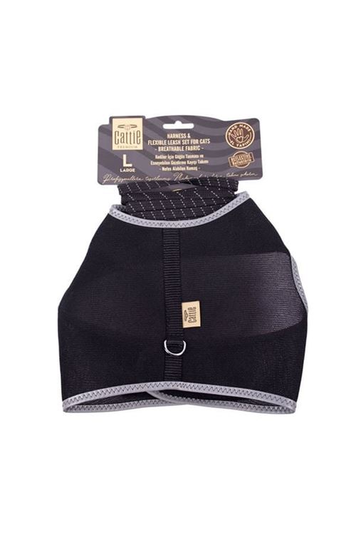 Cattie Havalı Dokuma Kedi Göğüs ve Gezdirme Takımı Large Siyah 1.5x30-40 Cm