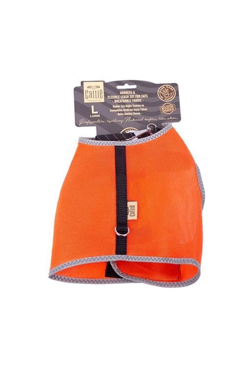 Cattie Havalı Dokuma Kedi Göğüs ve Gezdirme Takımı Large Turuncu 1.5x30-40 Cm