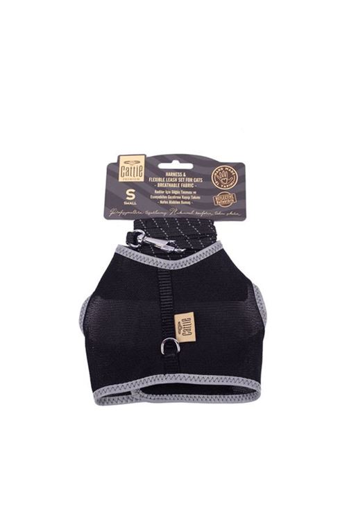 Cattie Havalı Dokuma Kedi Göğüs ve Gezdirme Takımı Small Siyah 1x20-30 Cm
