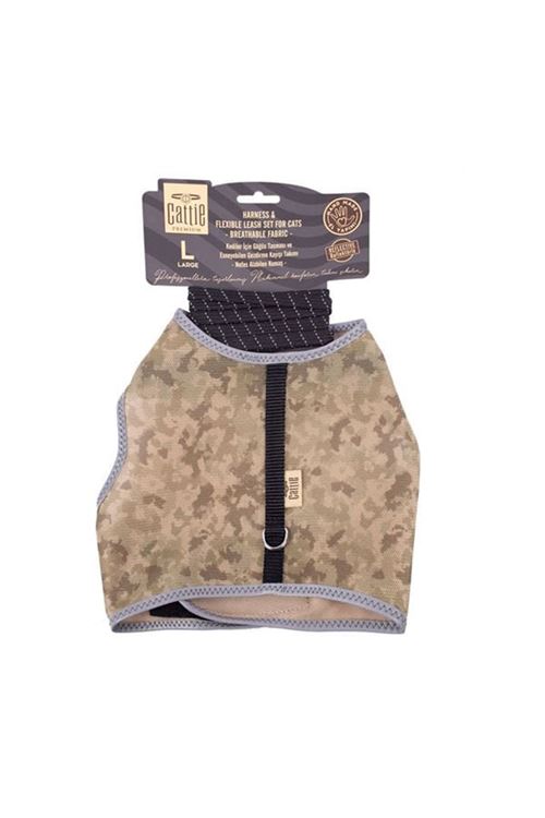 Cattie Havalı Dokuma Kedi Göğüs ve Gezdirme Takımı Large Kamuflaj 1.5x30-40 Cm