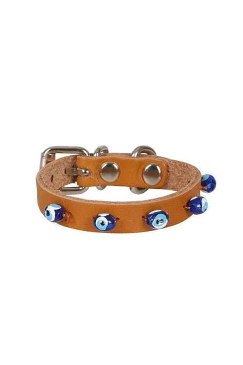 Cattie Boncuklu Deri Küçük Irk Köpek ve Kedi Boyun Tasması Xsmall Camel 1x12-16 Cm