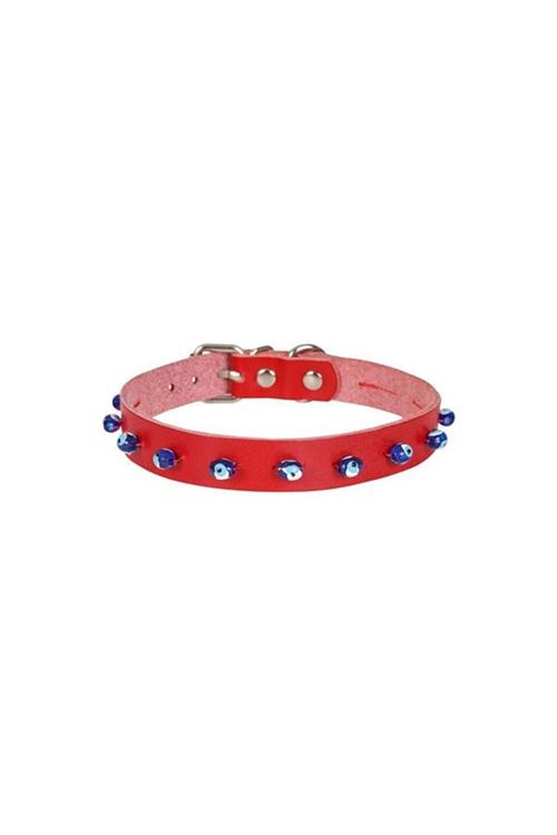 Cattie Boncuklu Deri Küçük Irk Köpek ve Kedi Boyun Tasması Xlarge Kırmızı 1.5x26-30 Cm
