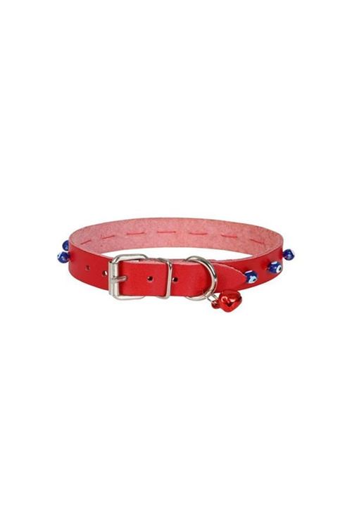 Cattie Boncuklu Deri Küçük Irk Köpek ve Kedi Boyun Tasması Xlarge Kırmızı 1.5x26-30 Cm