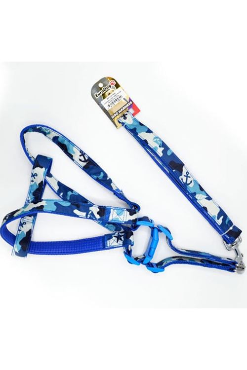Euro Dog Köpek Uzatma Tasması ve Göğüs Tasması Takımı Mavi Kamuflaj 25 Mm 120 Cm