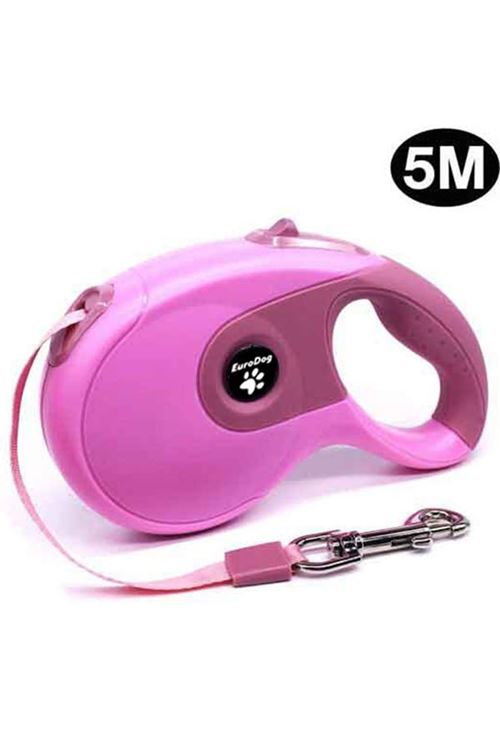 Euro Dog Otomatik Köpek Gezdirme Tasması Yumusak Doku Pembe 5 Mt
