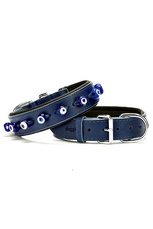 Doggie Comfort Deri Nazar Boncuklu Köpek Boyun Tasması Medium Mavi 3.5x47-55 Cm