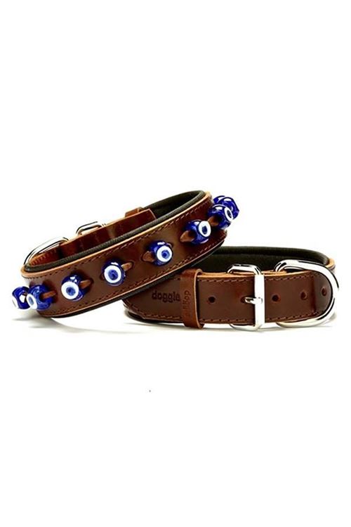 Doggie Comfort Deri Nazar Boncuklu Köpek Boyun Tasması Medium Kahverengi 3.5x47-55 Cm