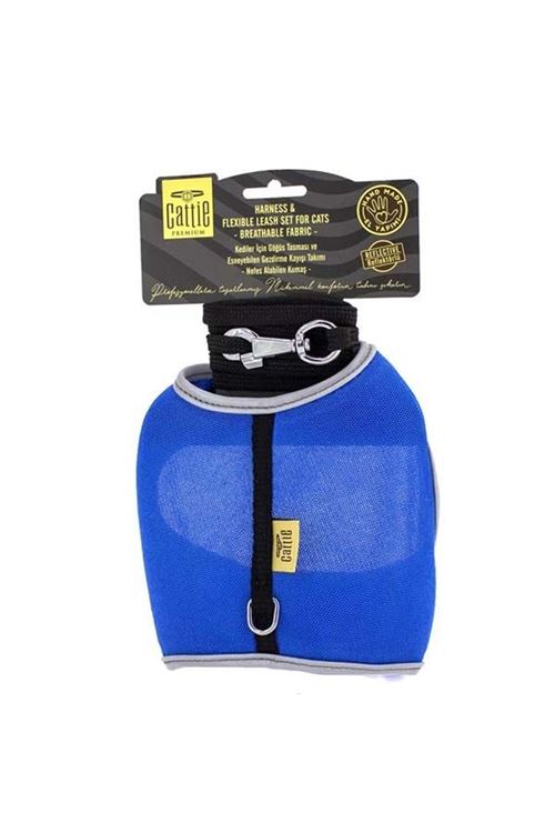 Cattie Havalı Dokuma Kedi Göğüs ve Gezdirme Takımı Medium Mavi 1x25-35 Cm