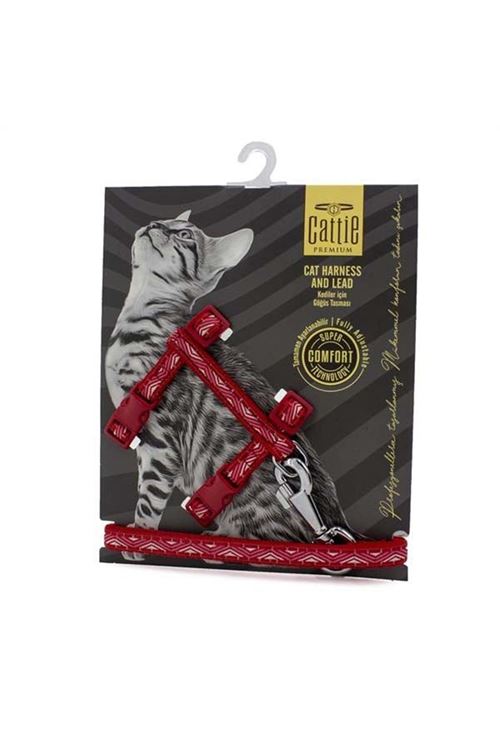 Cattie Desenli Kedi Göğüs ve Gezdirme Tasma Aparatı Kırmızı 1x25-40 Cm