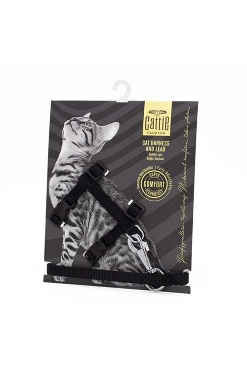 Cattie Kedi Göğüs ve Gezdirme Tasma Takımı Siyah 1x25-40 Cm