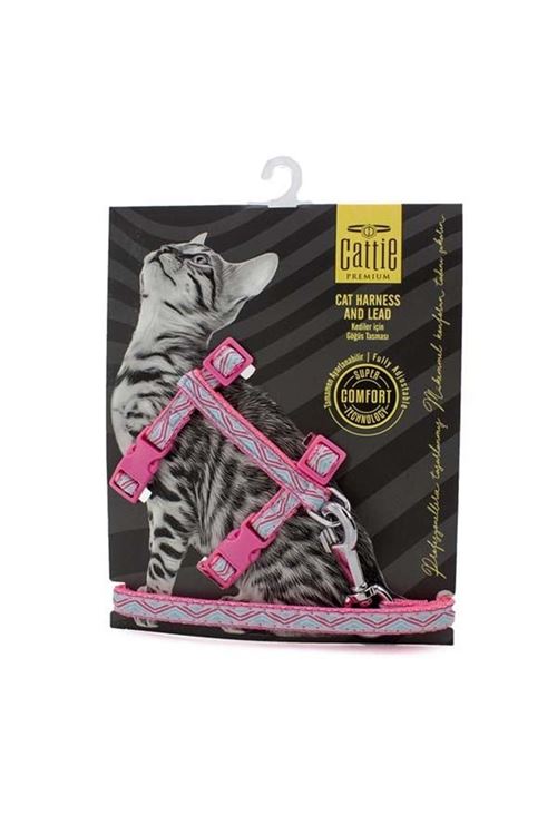 Cattie Desenli Kedi Göğüs ve Gezdirme Tasma Aparatı Pembe 1x25-40 Cm