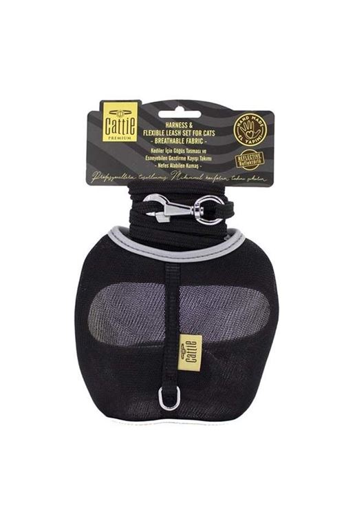 Cattie Havalı Dokuma Kedi Göğüs ve Gezdirme Takımı Medium Siyah 1x25-35 Cm