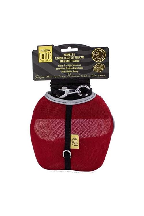 Cattie Havalı Dokuma Kedi Göğüs ve Gezdirme Takımı Medium Kırmızı 1x25-35 Cm
