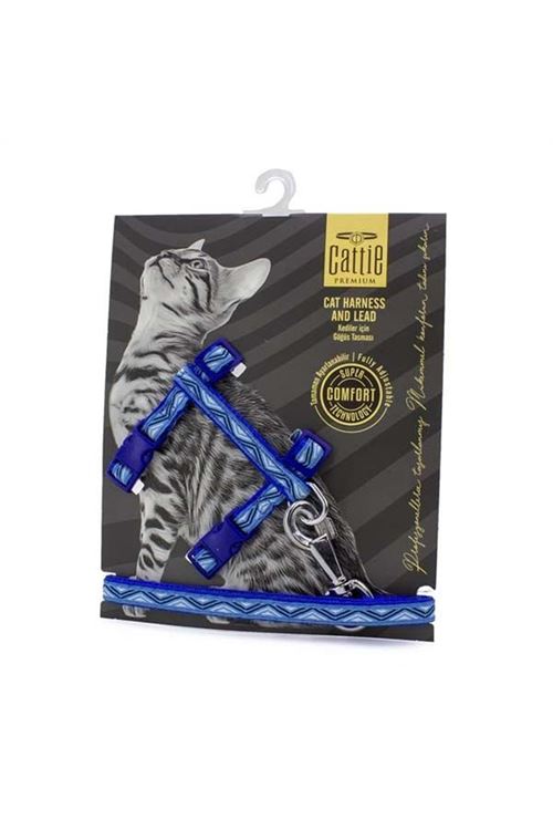 Cattie Desenli Kedi Göğüs ve Gezdirme Tasma Aparatı Mavi 1x25-40 Cm