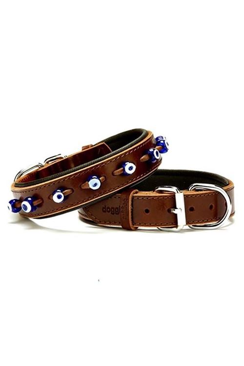Doggie Comfort Deri Nazar Boncuklu Köpek Boyun Tasması Medium Kahverengi 3x42-50 Cm