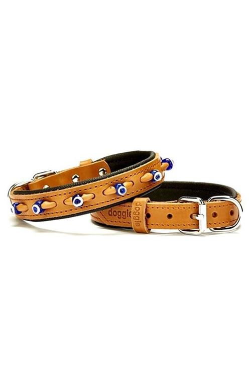 Doggie Comfort Deri Nazar Boncuklu Köpek Boyun Tasması Small Camel 2x30-35 Cm