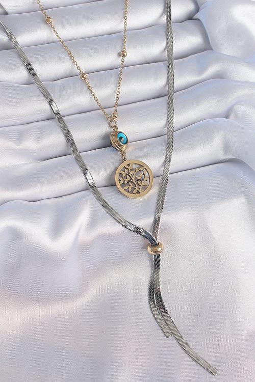 316L Çelik Mix Renk Filiz Figür Nazar Boncuk Detay Uzun Kadın Kolye