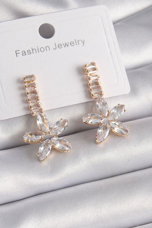 Pirinç Gold Renk Su Yolu Zirkon Taşlı Çiçek Model Kadın Küpe