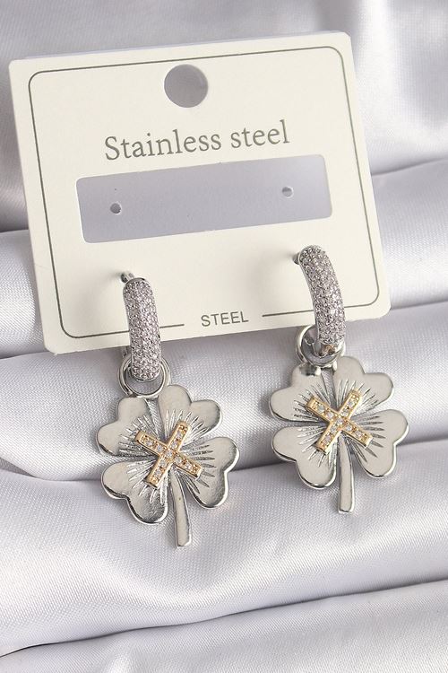 316L Çelik Gümüş Renk Zirkon Taşlı Yonca Model Kadın Küpe