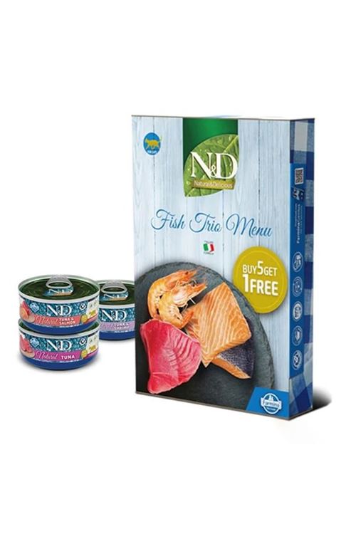N&D Fish Trio Menu Karides ve Somon Balıklı Yetişkin Kedi Konservesi 70 Gr 6 Al 5 Öde