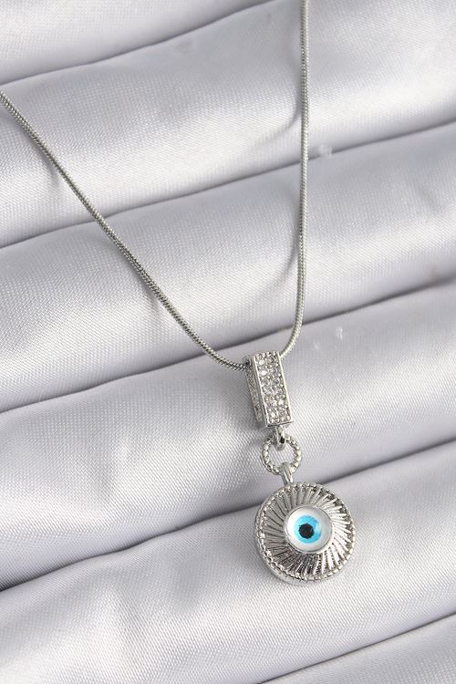 316L Çelik Gümüş Renk Zirkon Taşlı Nazar Boncuk Model Kadın Kolye