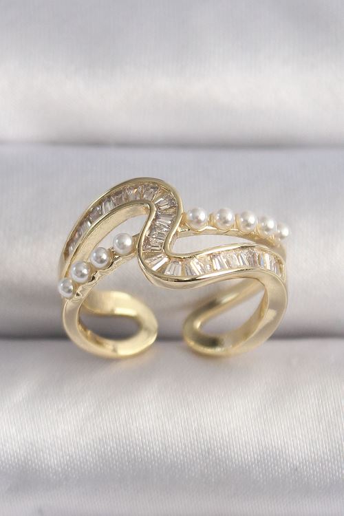 Pirinç Gold Renk Zirkon Taşlı İnci Detay VIP Seri Kadın Yüzük