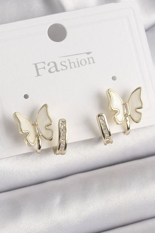 Pirinç Gümüş Renk Zirkon Taş Detaylı Beyaz Sedefli Kelebek Model Kadın Küpe