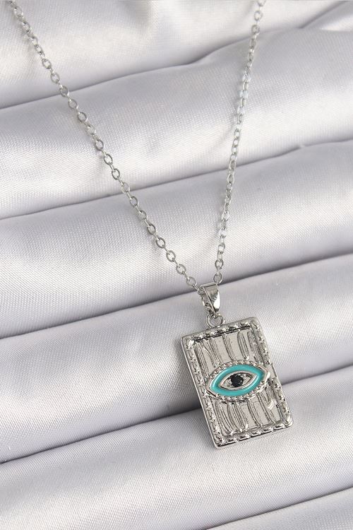 316L Çelik Gümüş Renk Zirkon Taşlı Göz İşleme Detaylı Plaka Model Kadın Kolye