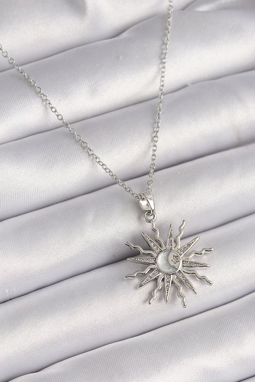 316L Çelik Gümüş Renk Zincir Zirkon Taşlı Güneş Model Sedefli Ay İşleme Detay Kadın Kolye
