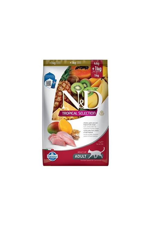 N&D Tropical Selection Tavuklu ve Tropikal Meyveli Yetişkin Kedi Maması 4 Kg+1 Kg Hediyeli