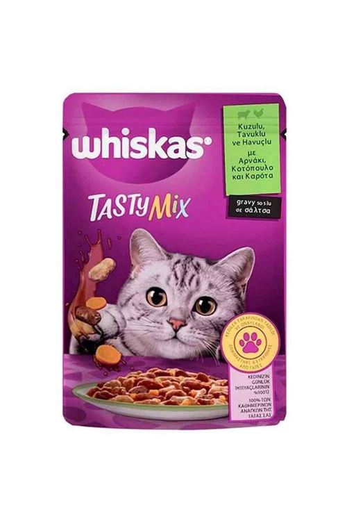 Whiskas Pouch Tasty Mix Sos İçerisinde Kuzu Etli Tavuklu ve Havuçlu Yetişkin Konserve Kedi Maması 85 Gr
