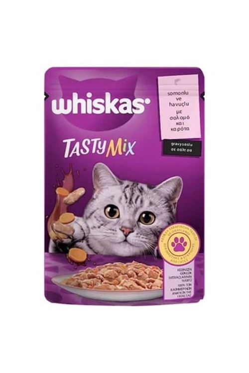 Whiskas Pouch Tasty Mix Sos İçerisinde Somonlu ve Havuçlu Yetişkin Konserve Kedi Maması 85 Gr